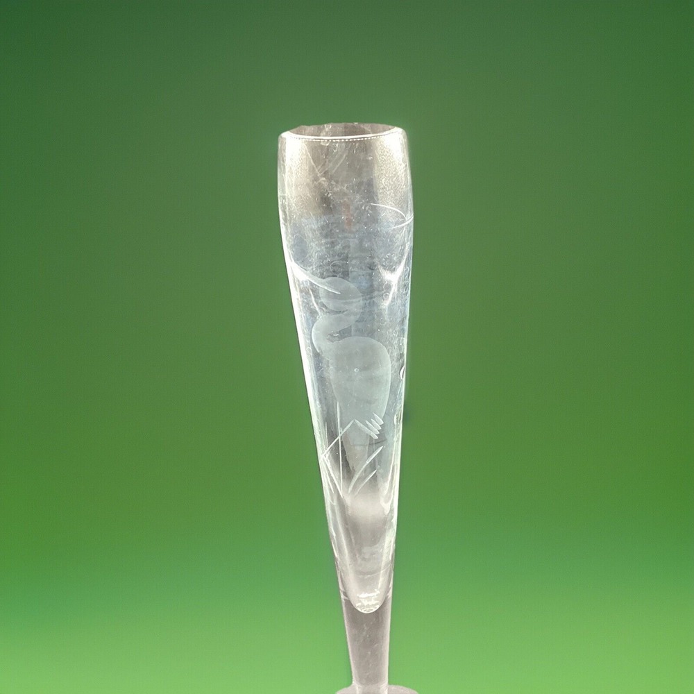 Vintage Clear Glass Bud Vase w/ Egret Bird Etching Floral‎ Vase Decorative